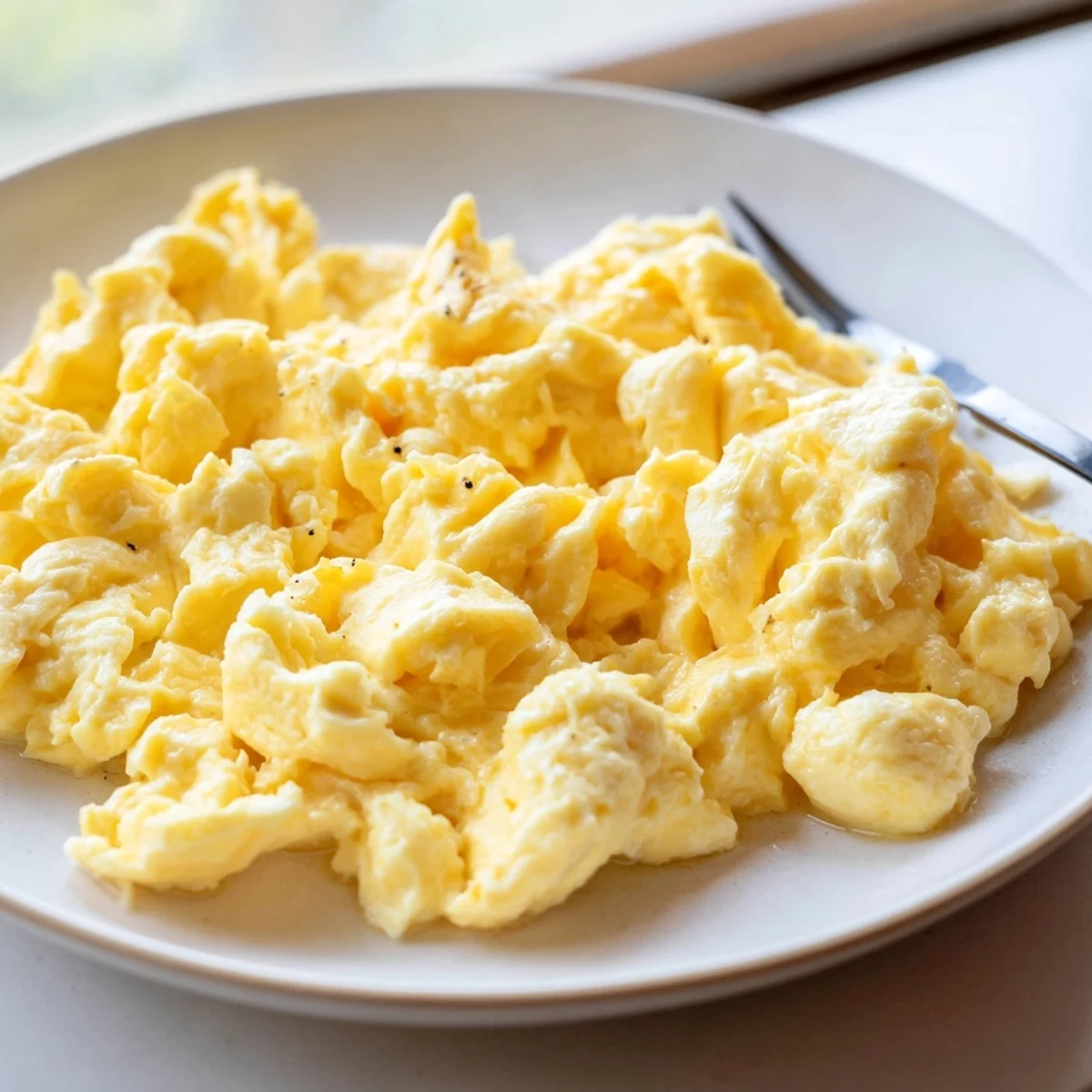 Soft golden scrambled eggs steaming in a cast iron skillet at breakfast