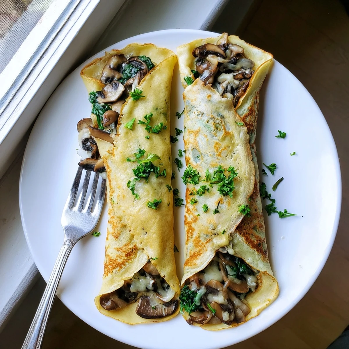 Golden savory crepes filled with sautéed spinach, mushrooms, and melted Gruyère cheese on a white plate