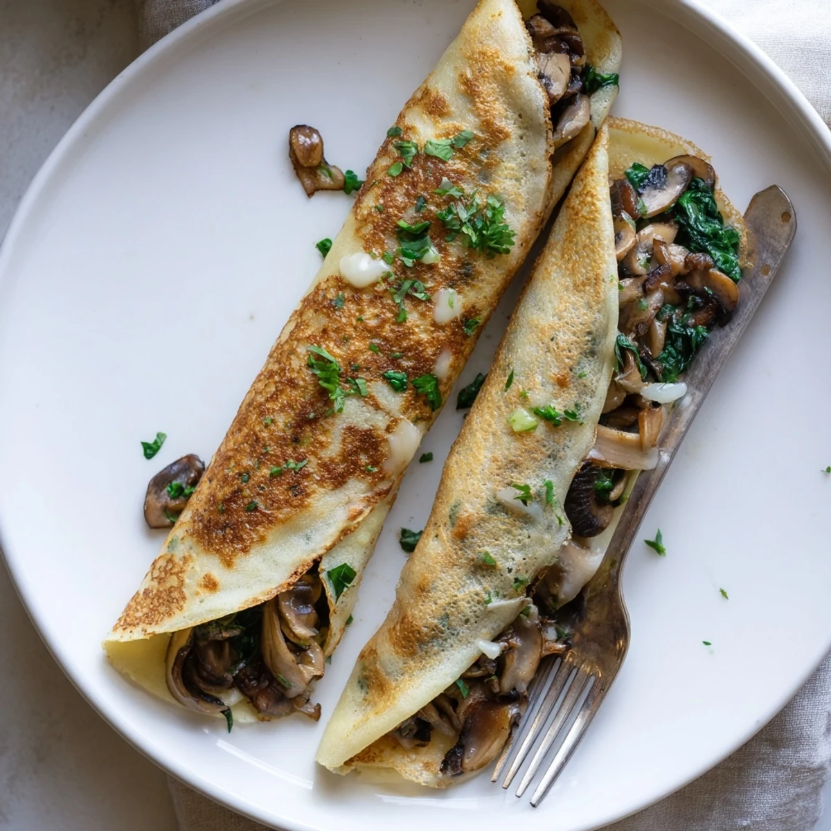 Thin French savory crepes rolled around tender vegetables and gooey cheese, served fresh and steaming