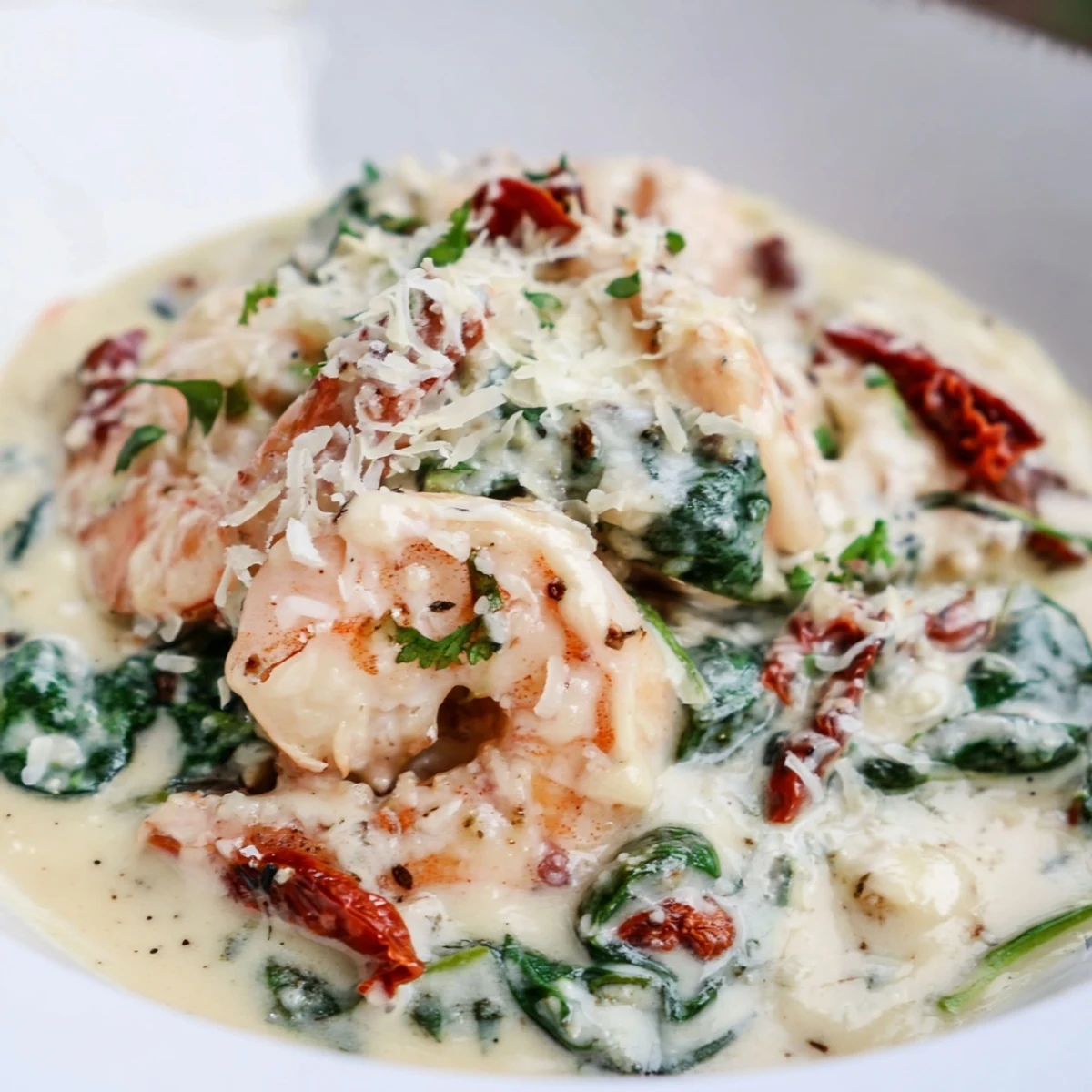 Golden seared shrimp swimming in a rich Parmesan cream sauce with wilted spinach and sun-dried tomatoes in this keto creamy Tuscan shrimp.