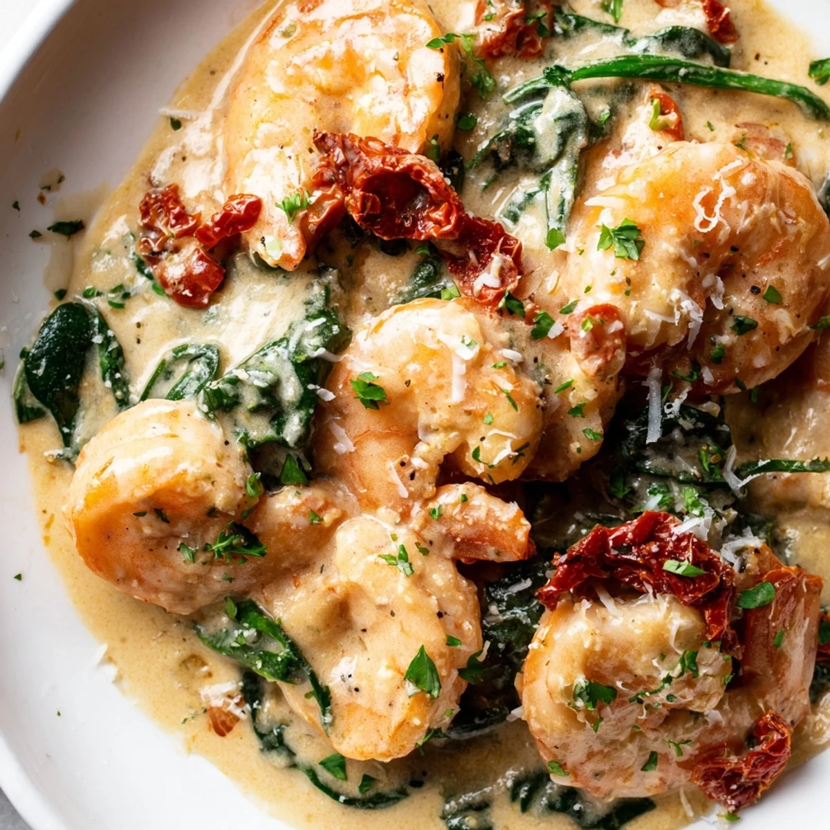 A skillet of juicy shrimp coated in thick cheesy garlic sauce alongside sun-dried tomatoes, capturing this delicious keto creamy Tuscan shrimp.