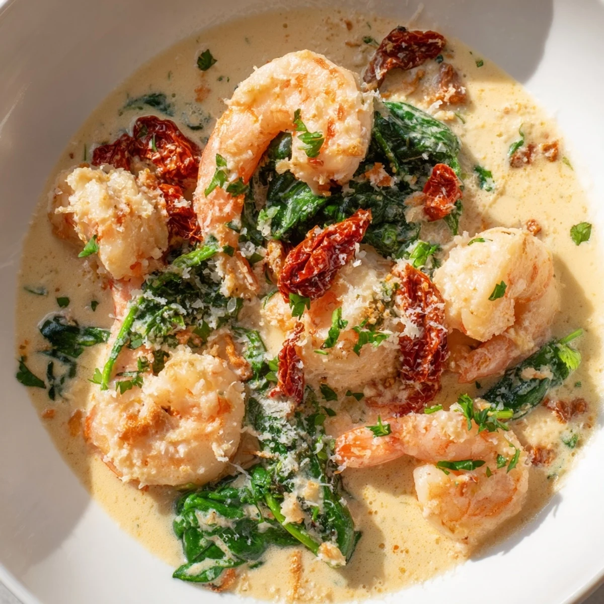 Plump pink shrimp draped in a garlicky white cream sauce over tender spinach for a comforting keto creamy Tuscan shrimp dinner.