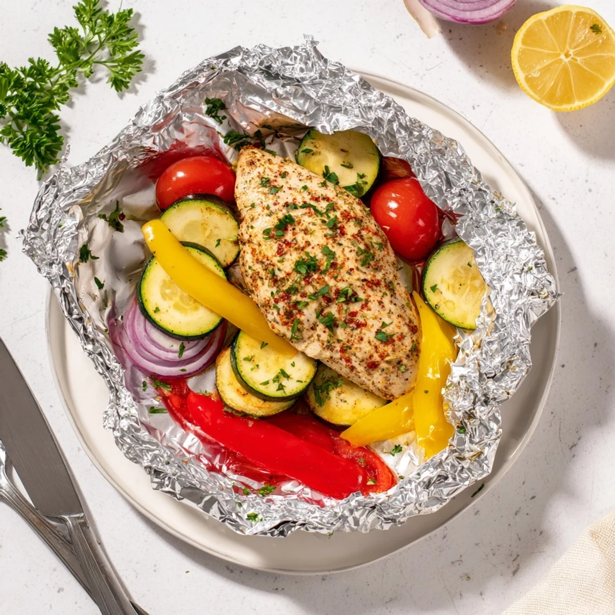 Steaming chicken foil packets recipe with colorful vegetables and a lemon wedge