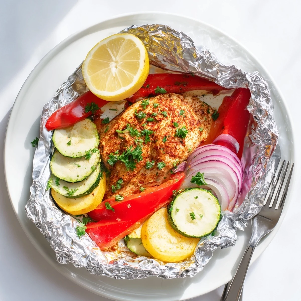 Juicy chicken foil packets recipe with tender zucchini and roasted bell peppers