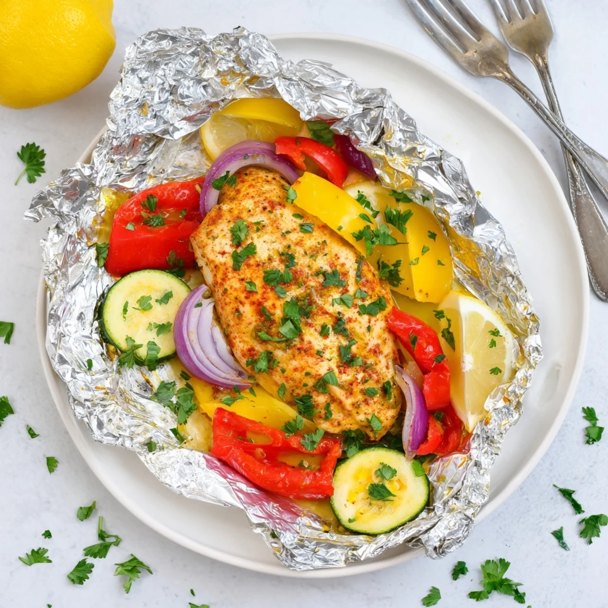Golden chicken foil packets recipe over sliced squash fresh from the oven