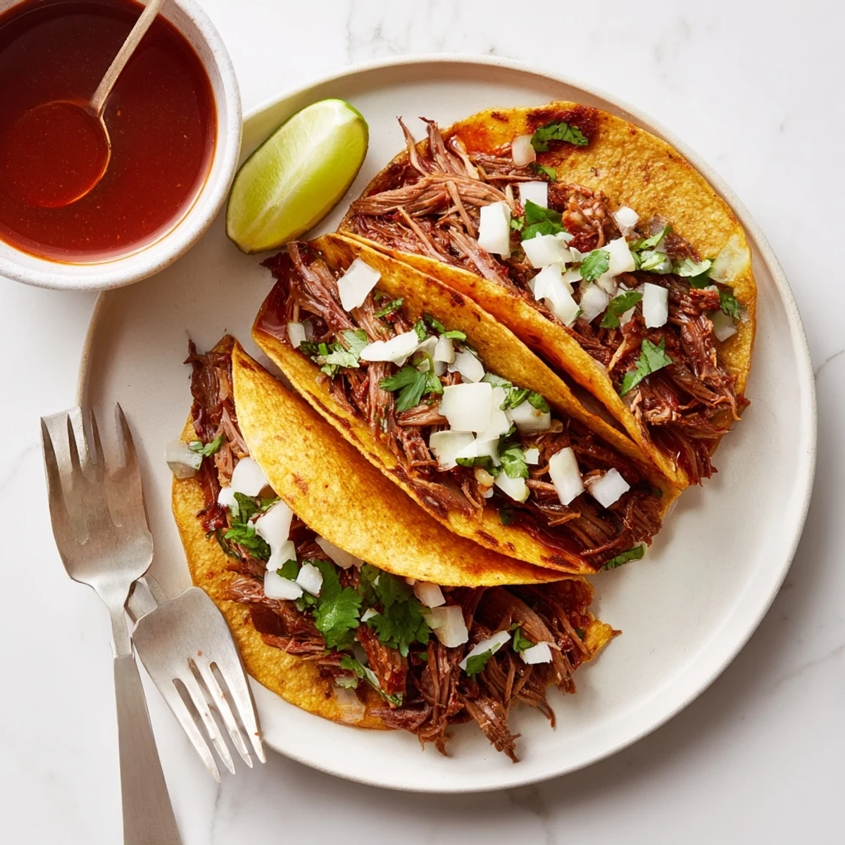 Crispy slow cooker birria tacos topped with onion, cilantro, and lime wedges