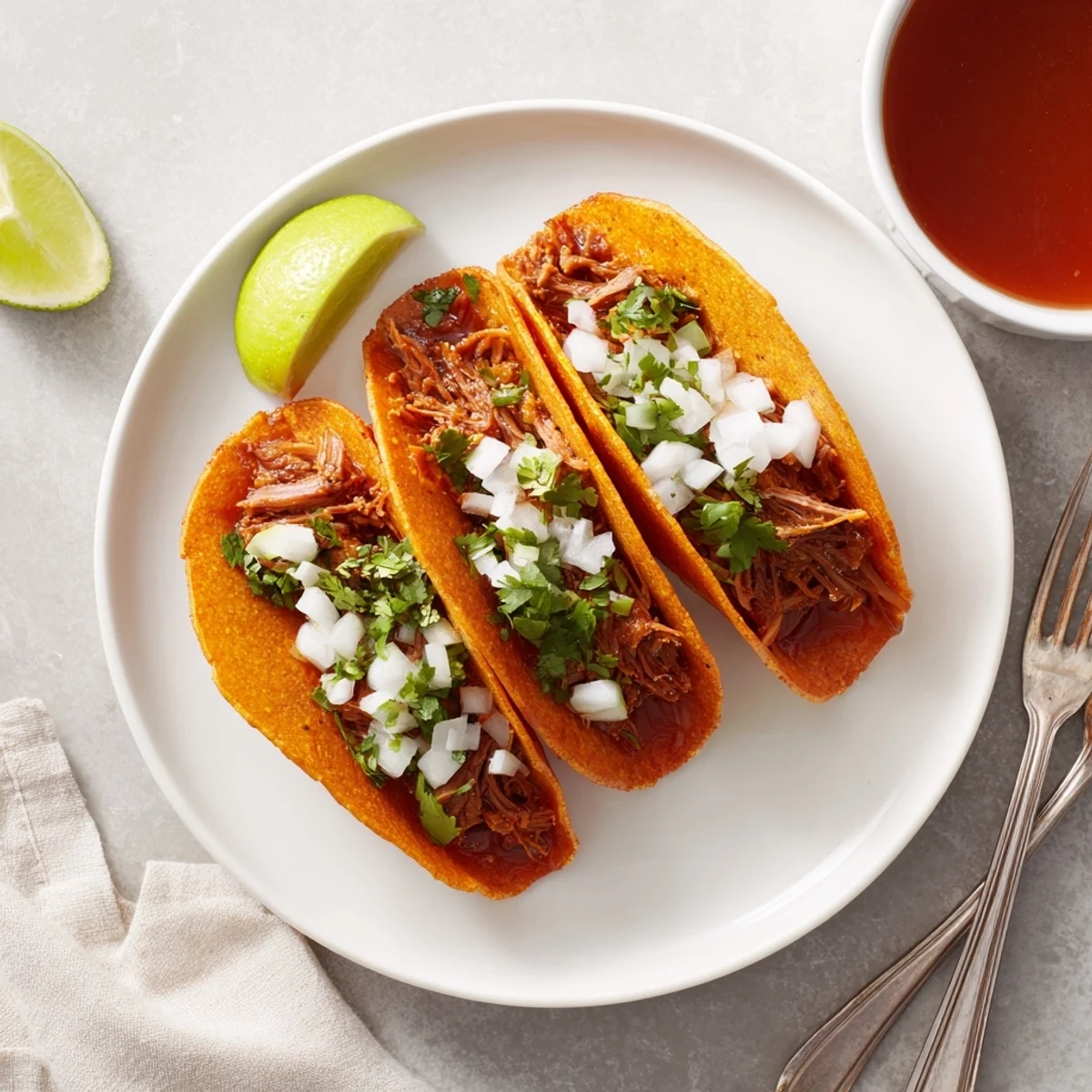 Shredded beef birria tacos dipped in rich red consommé alongside fresh garnishes