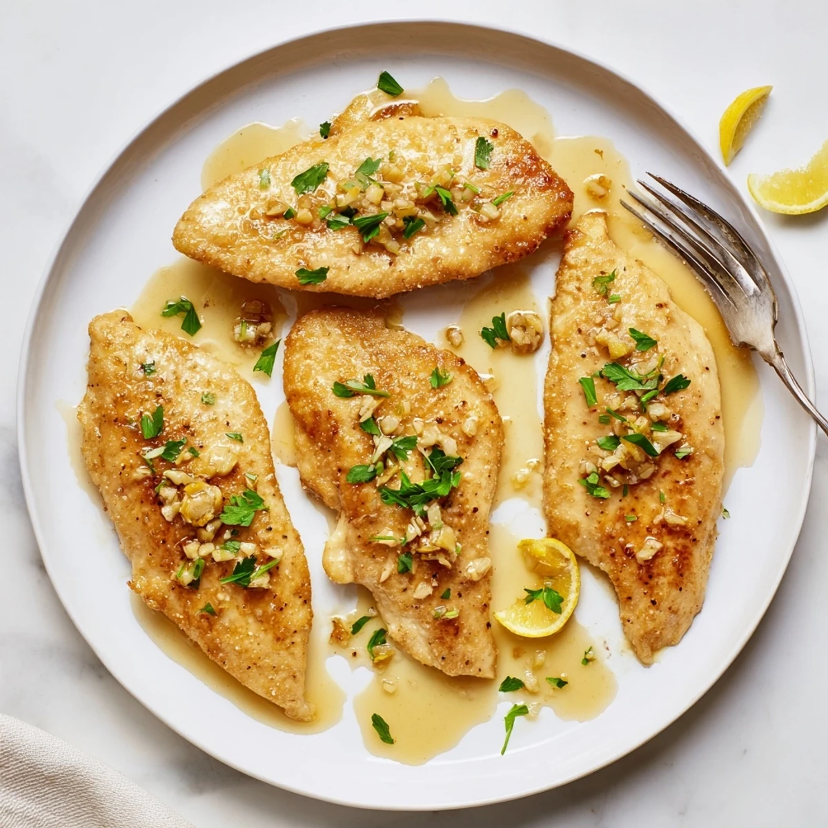 Juicy chicken breasts simmered in a rich lemon garlic butter sauce with parsley