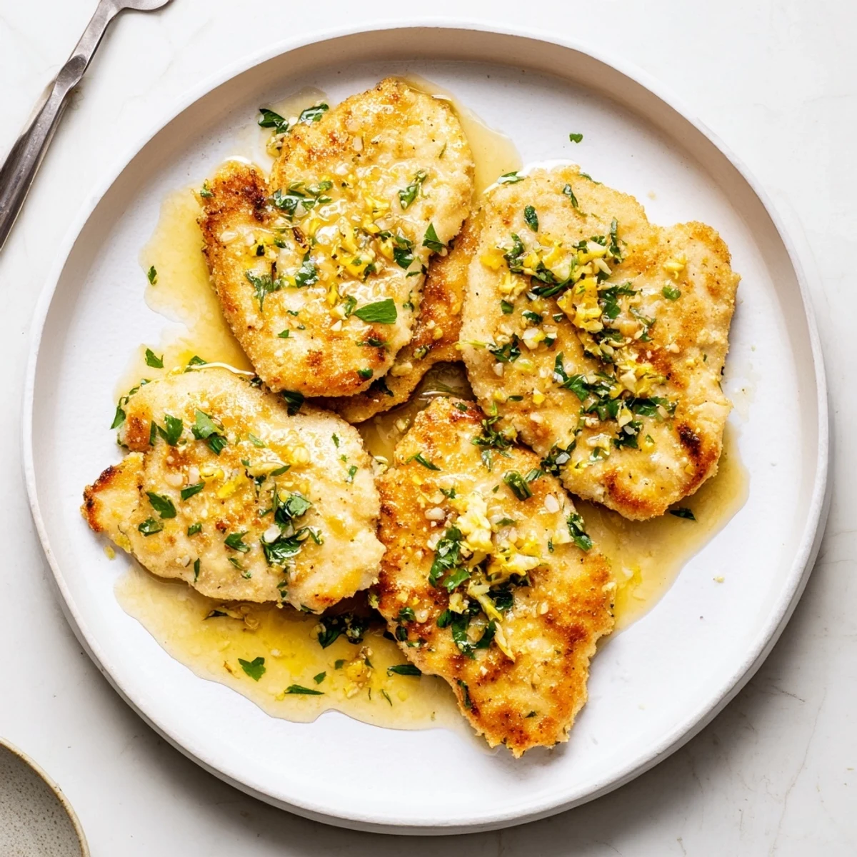 Golden pan-seared lemon garlic butter chicken draped in a glossy citrus sauce