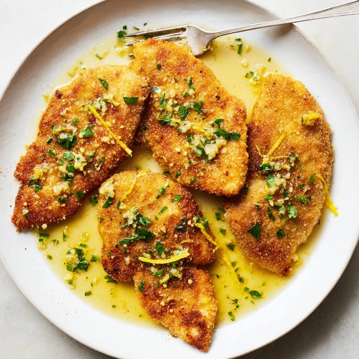 Crispy lemon garlic butter chicken plated over rice with a bright herb garnish