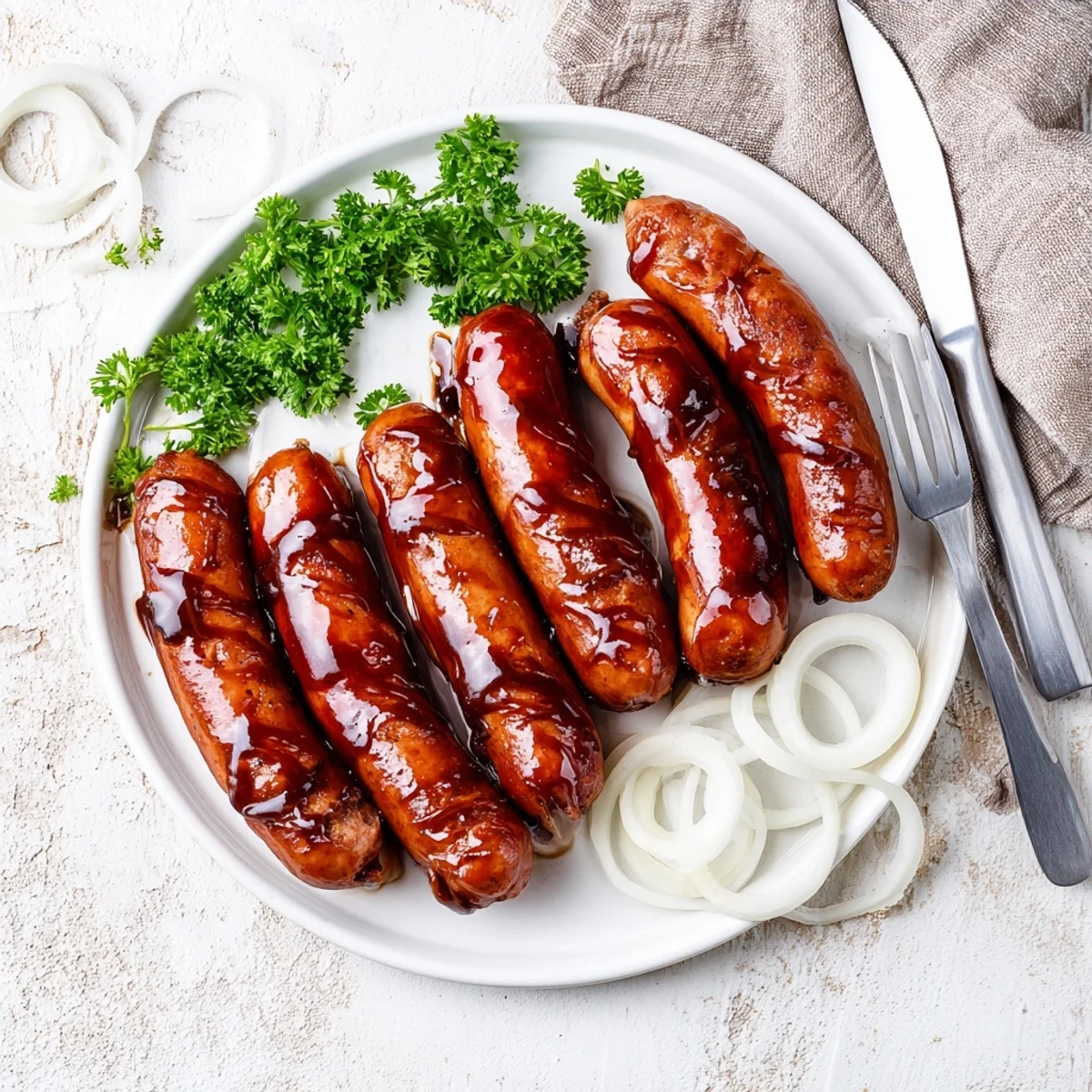 Juicy grilled BBQ sausage recipe served in toasted buns with pickles