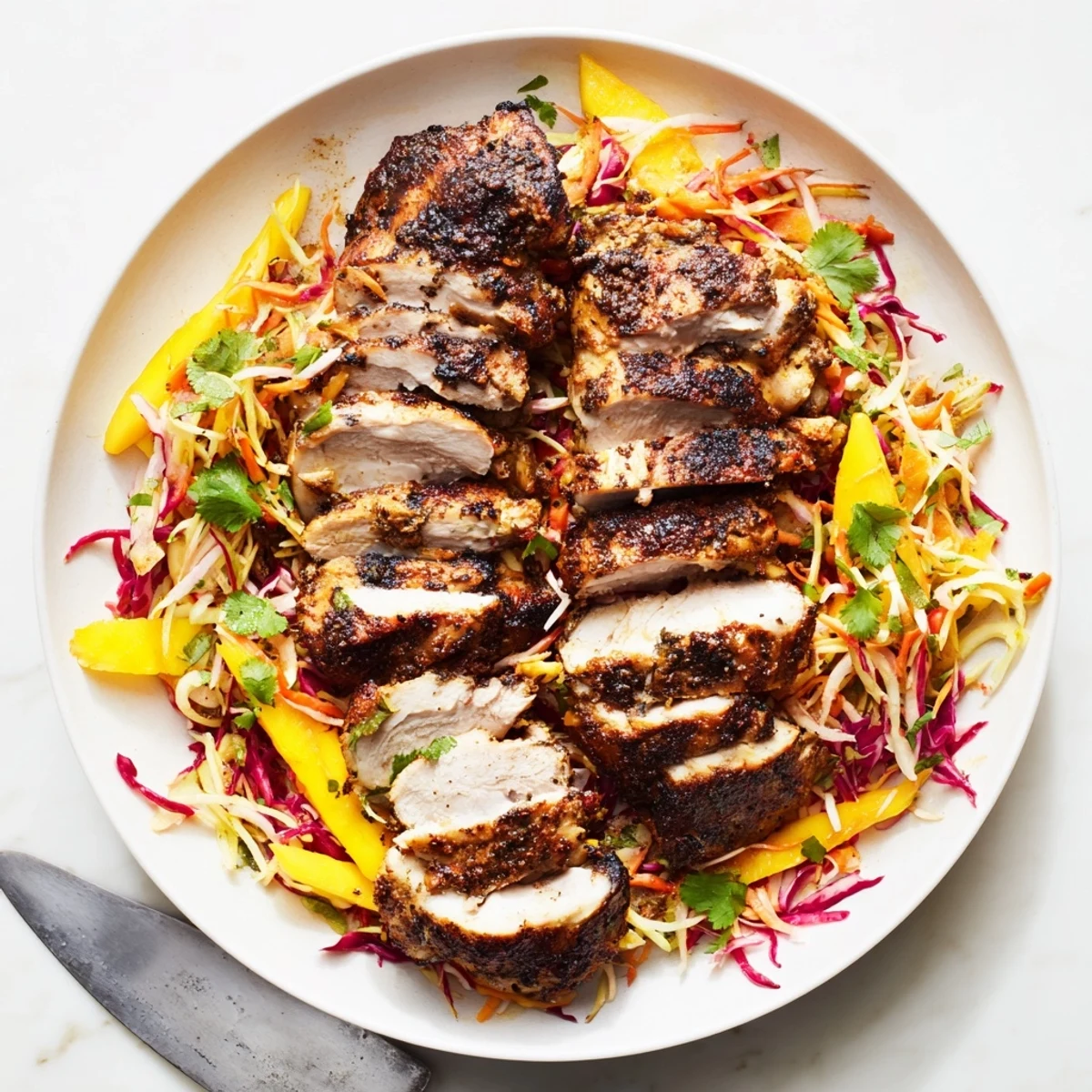 Charred spicy jerk chicken sliced over a bright crunchy mango slaw