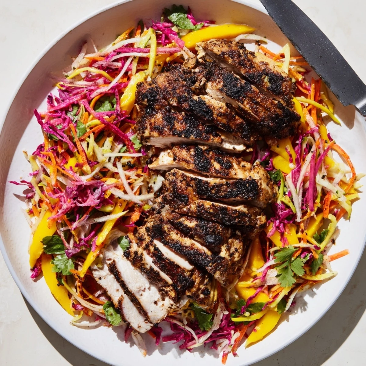 Grilled jerk chicken thighs resting beside a sweet tangy mango slaw
