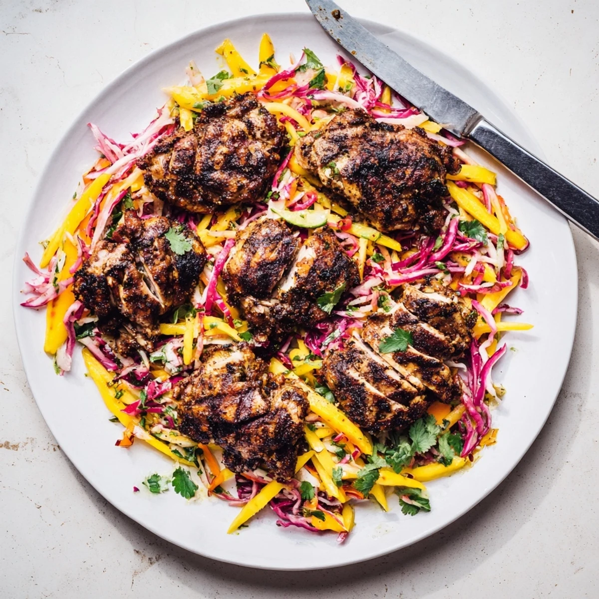 Spicy jerk chicken with mango slaw garnished with fresh cilantro and lime