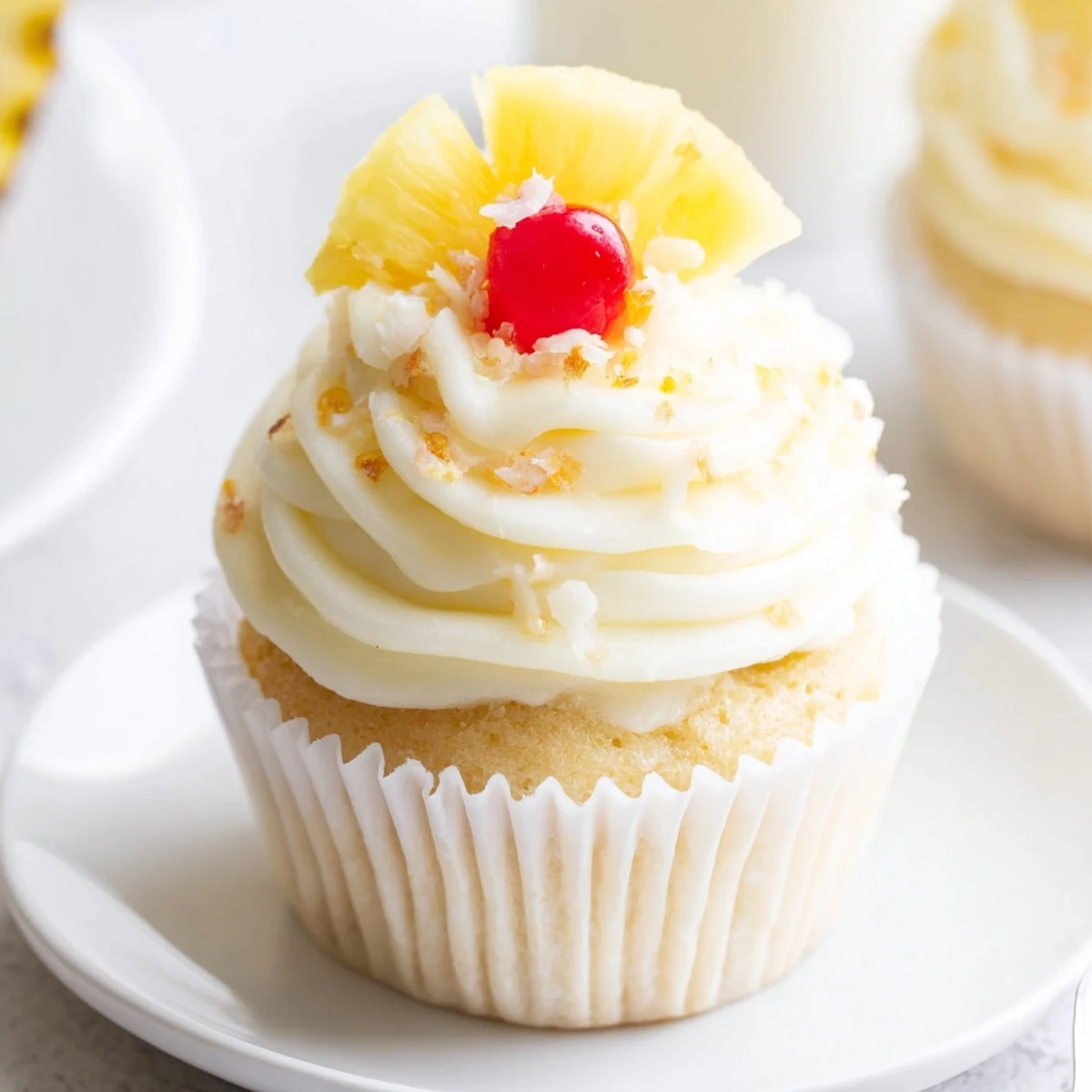 Bite reveals moist pineapple crumb and creamy swirl in Dole Whip Cupcakes Recipe