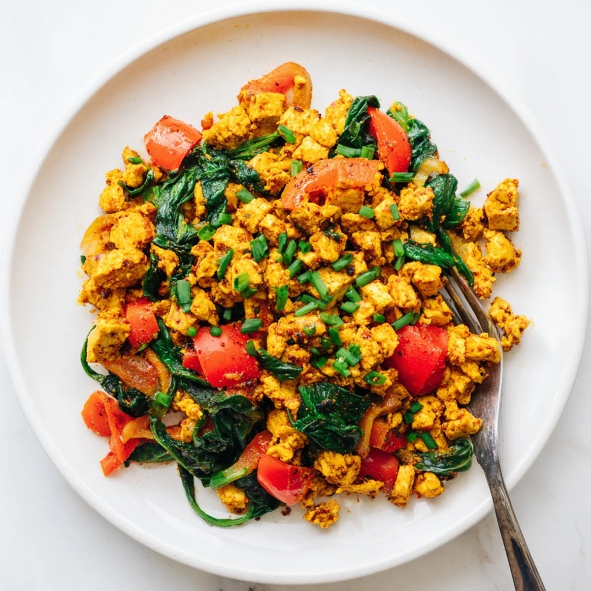 Tofu scramble sizzling in skillet with golden turmeric and wilted spinach