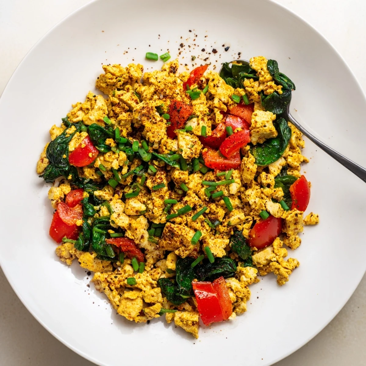 Bright tofu scramble tossed with red pepper, cumin aroma, fresh parsley