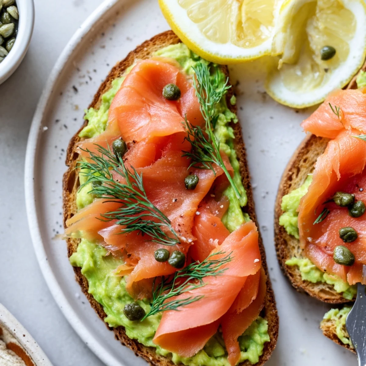 Salmon Avocado Toast on toasted sourdough, silky salmon, creamy mashed avocado