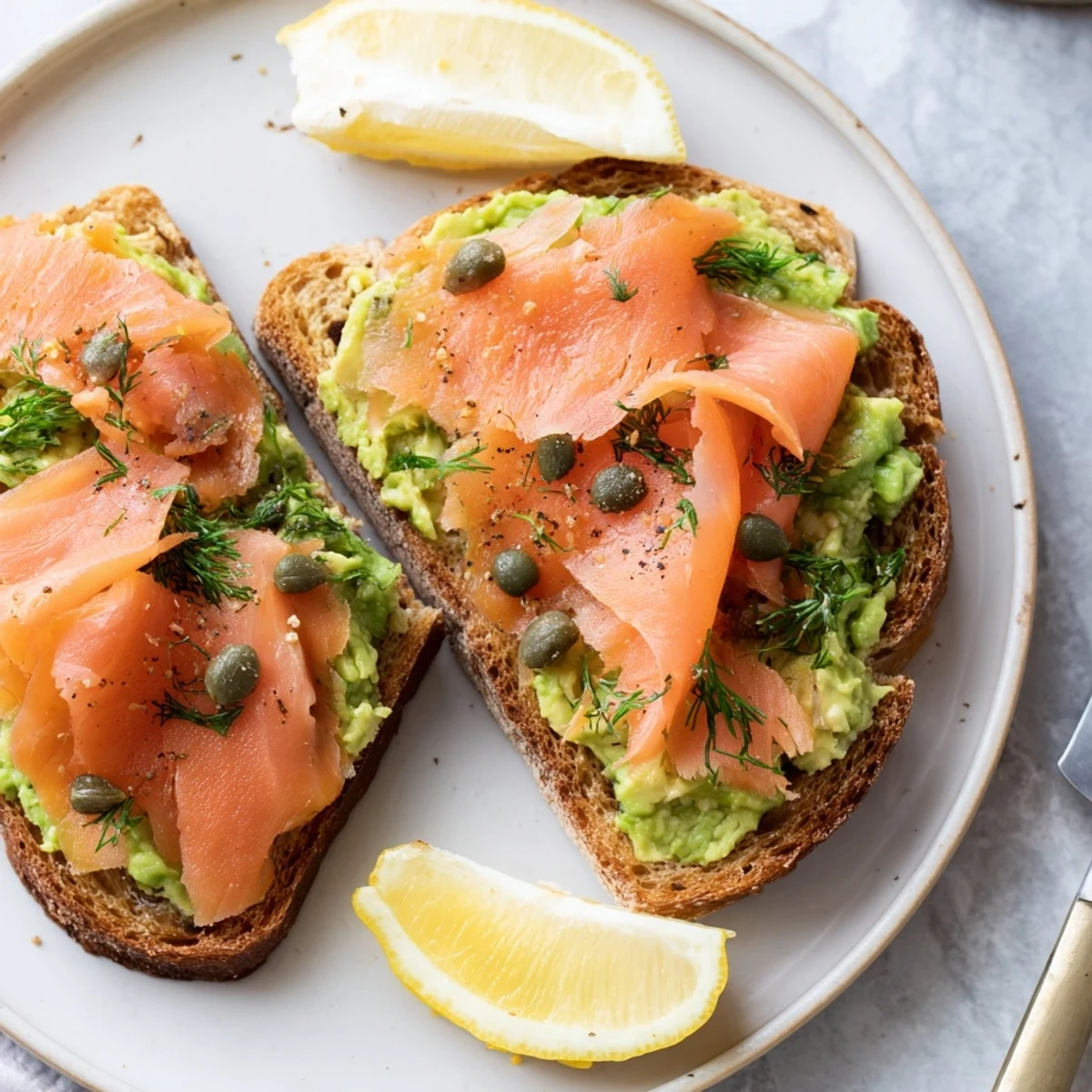 Creamy Salmon Avocado Toast garnished with capers, dill, and lemon wedge