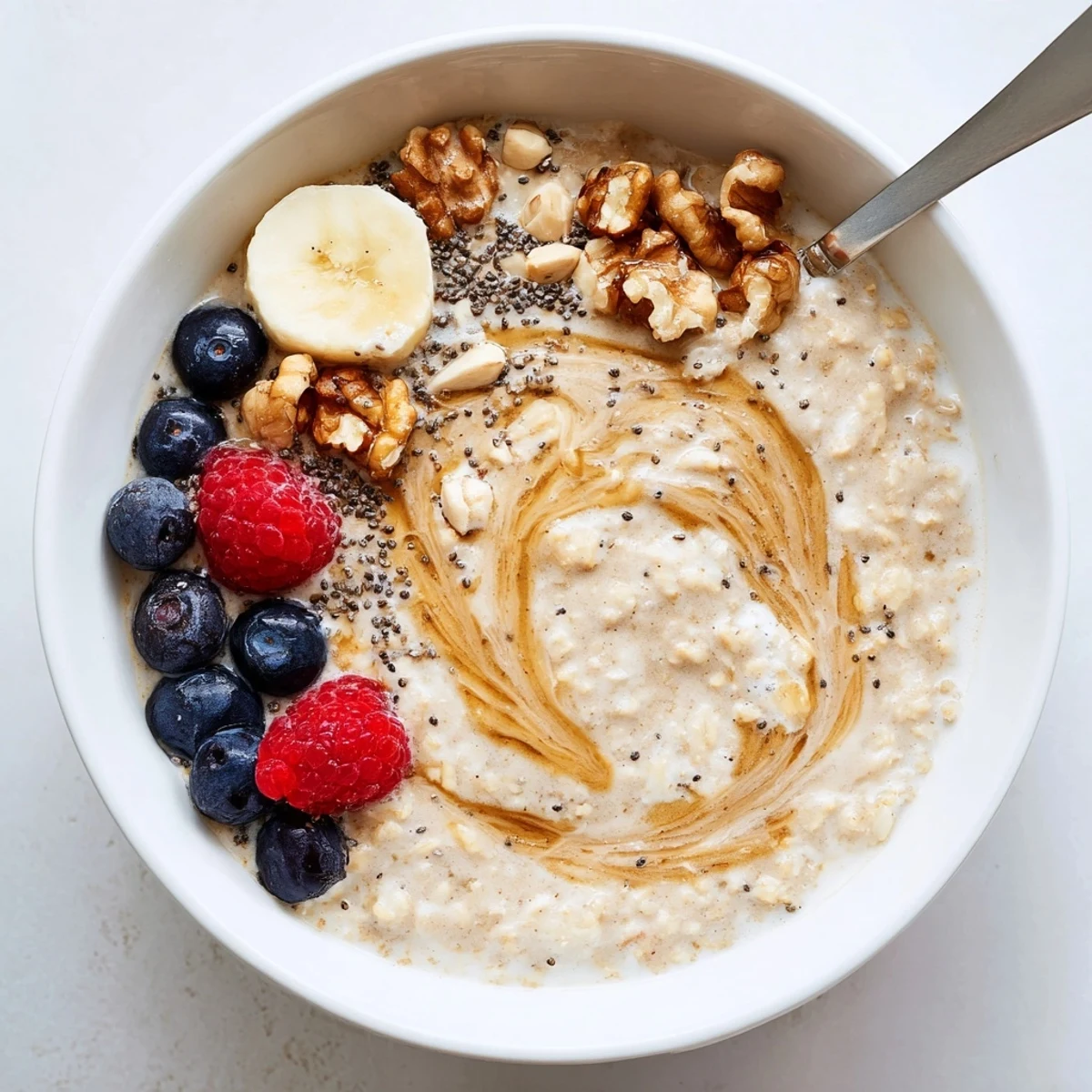 Creamy Protein Oatmeal topped with sliced banana, nuts, and fresh berries.