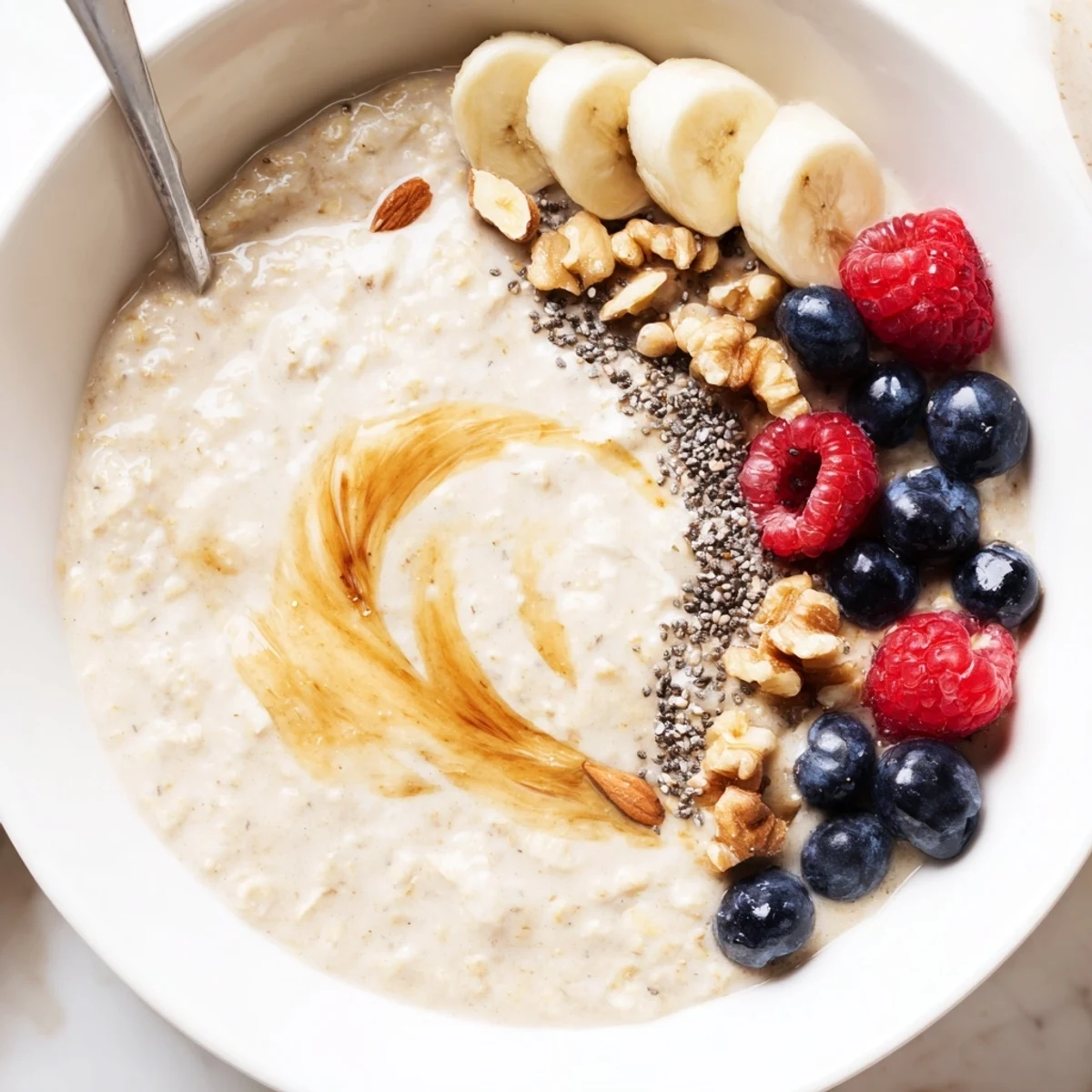 Warm Protein Oatmeal stirred smooth, vanilla-scented, ideal for quick breakfasts.