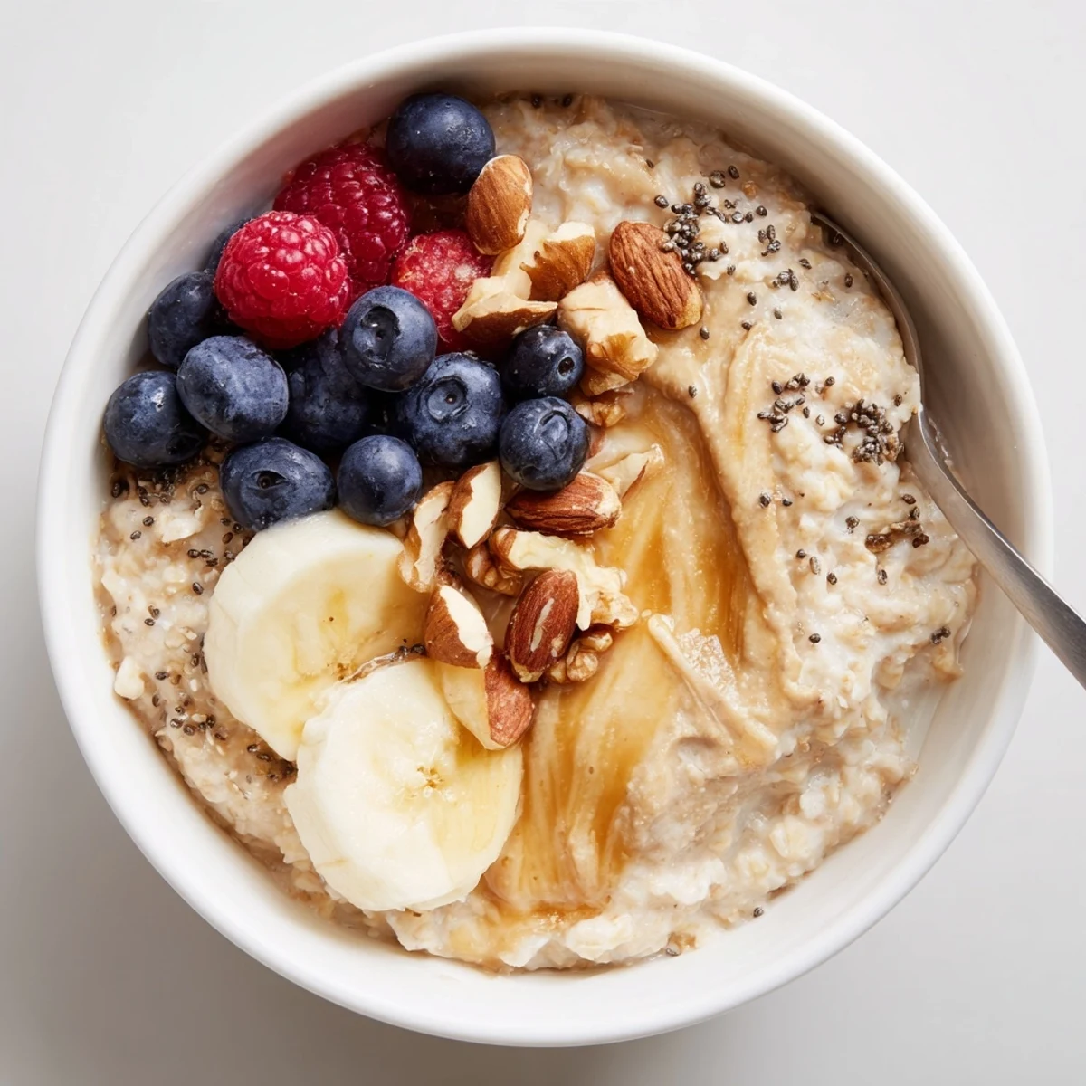 Hearty Protein Oatmeal with crunchy nuts and chia, spoon-ready, post-workout.