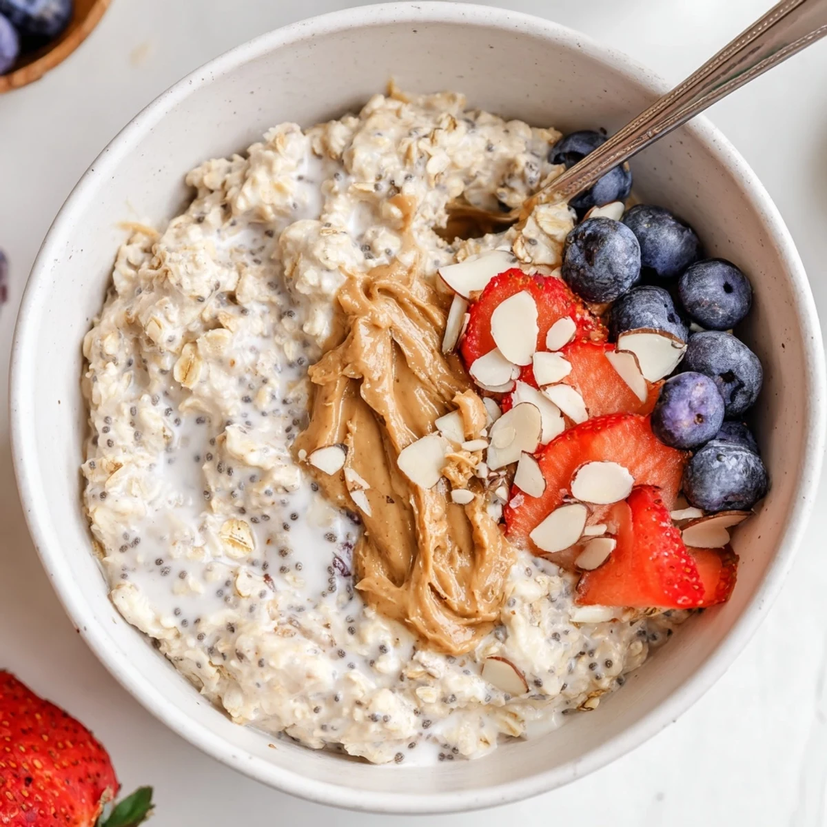 Creamy Protein Overnight Oats topped with fresh berries and chopped nuts