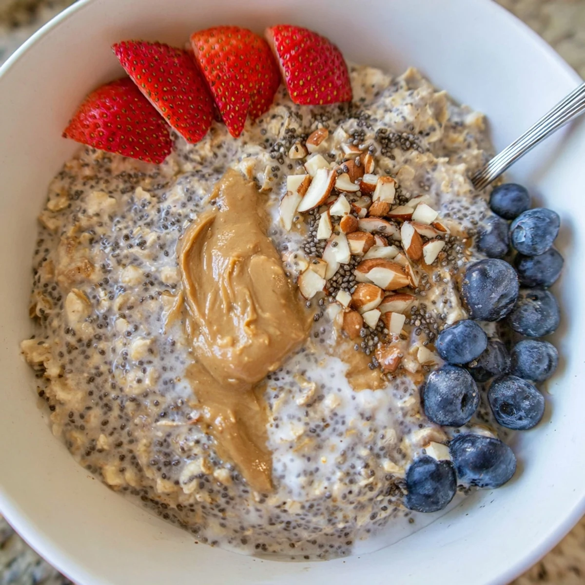 Chilled Protein Overnight Oats in a jar with spoon, nut butter swirl