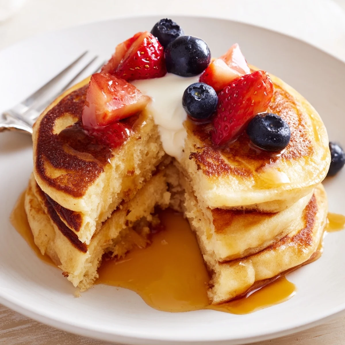 Cottage Cheese Pancakes stacked golden, airy centers, topped with fresh berries  