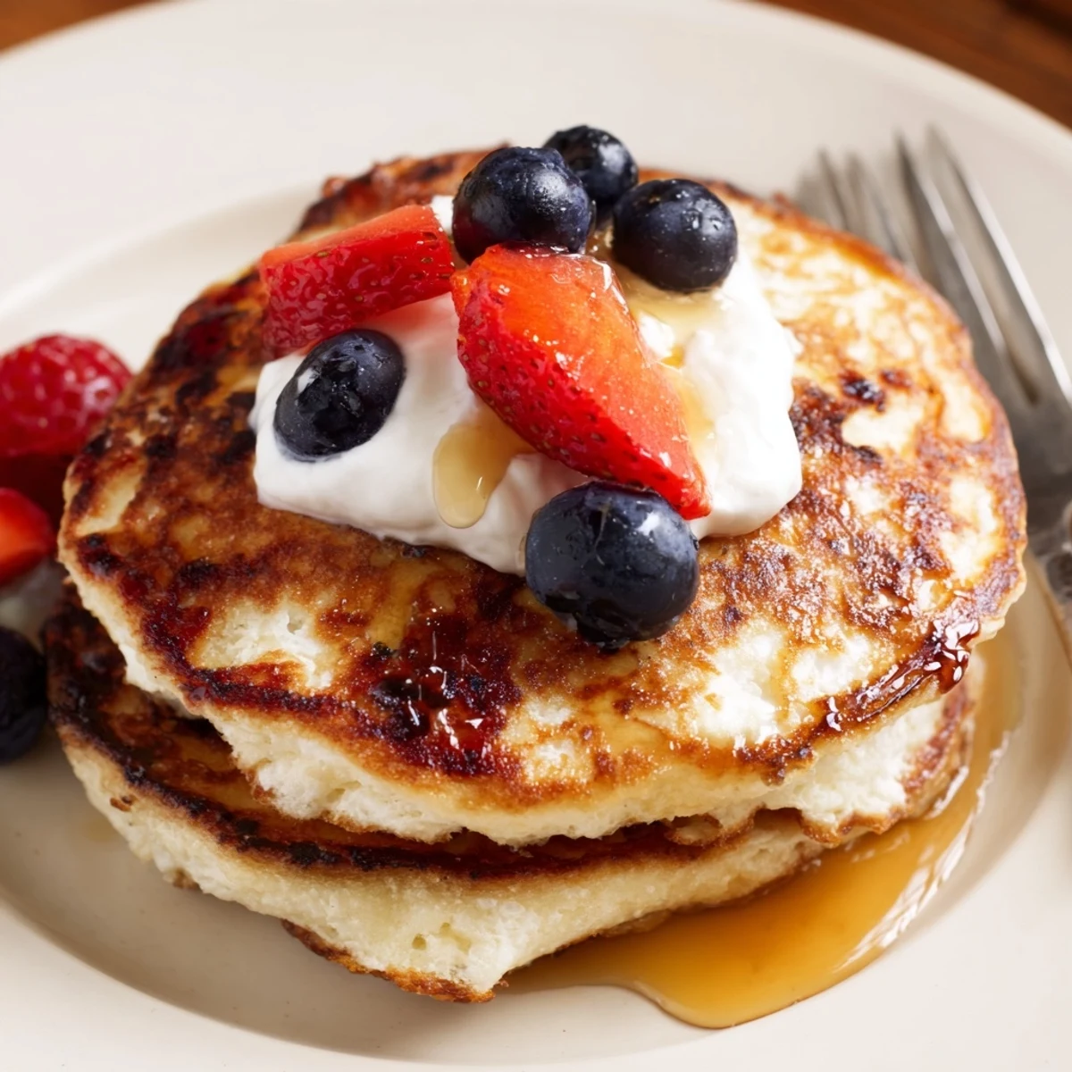 Skillet cooked Cottage Cheese Pancakes, warm buttery edges and maple syrup drizzle  