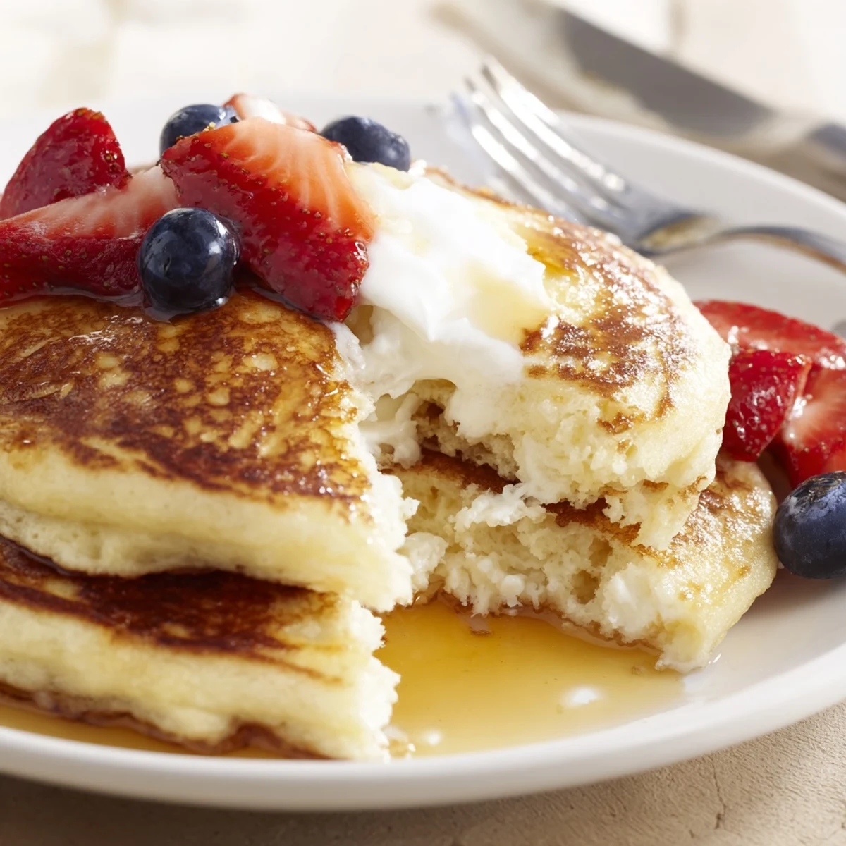 Light, protein-packed Cottage Cheese Pancakes served with Greek yogurt and berries