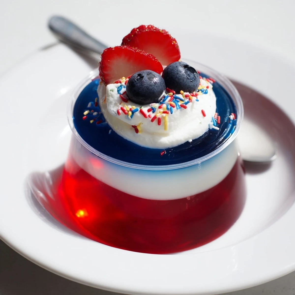 Red White And Blue Jello Cups glistening with whipped topping and fresh berries