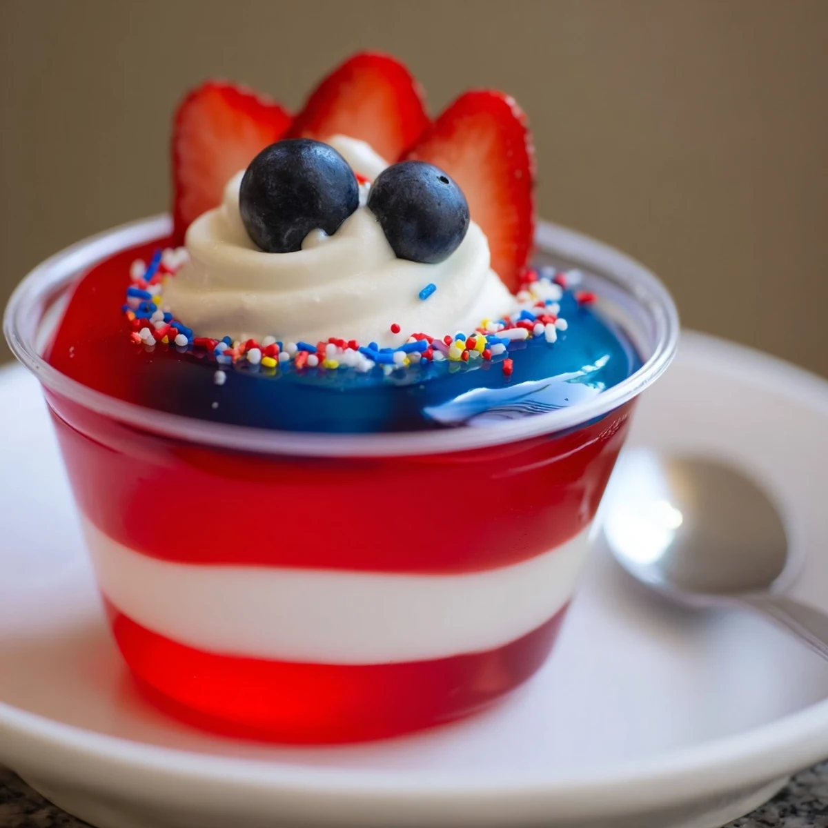 Chilled Red White And Blue Jello Cups layered in clear glass, summer party treat