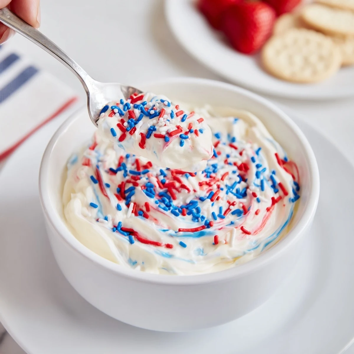 Red White And Blue Funfetti Dip in bowl, creamy vanilla, colorful sprinkles  