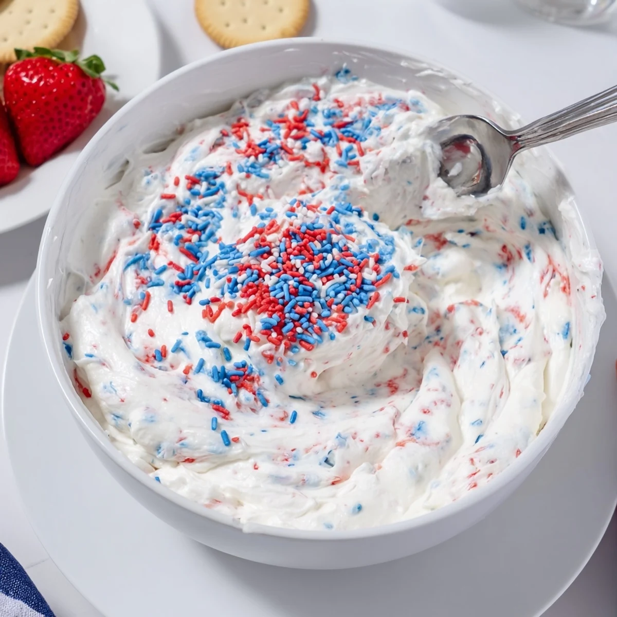 Chilled Red White And Blue Funfetti Dip served with vanilla wafers and strawberries  
