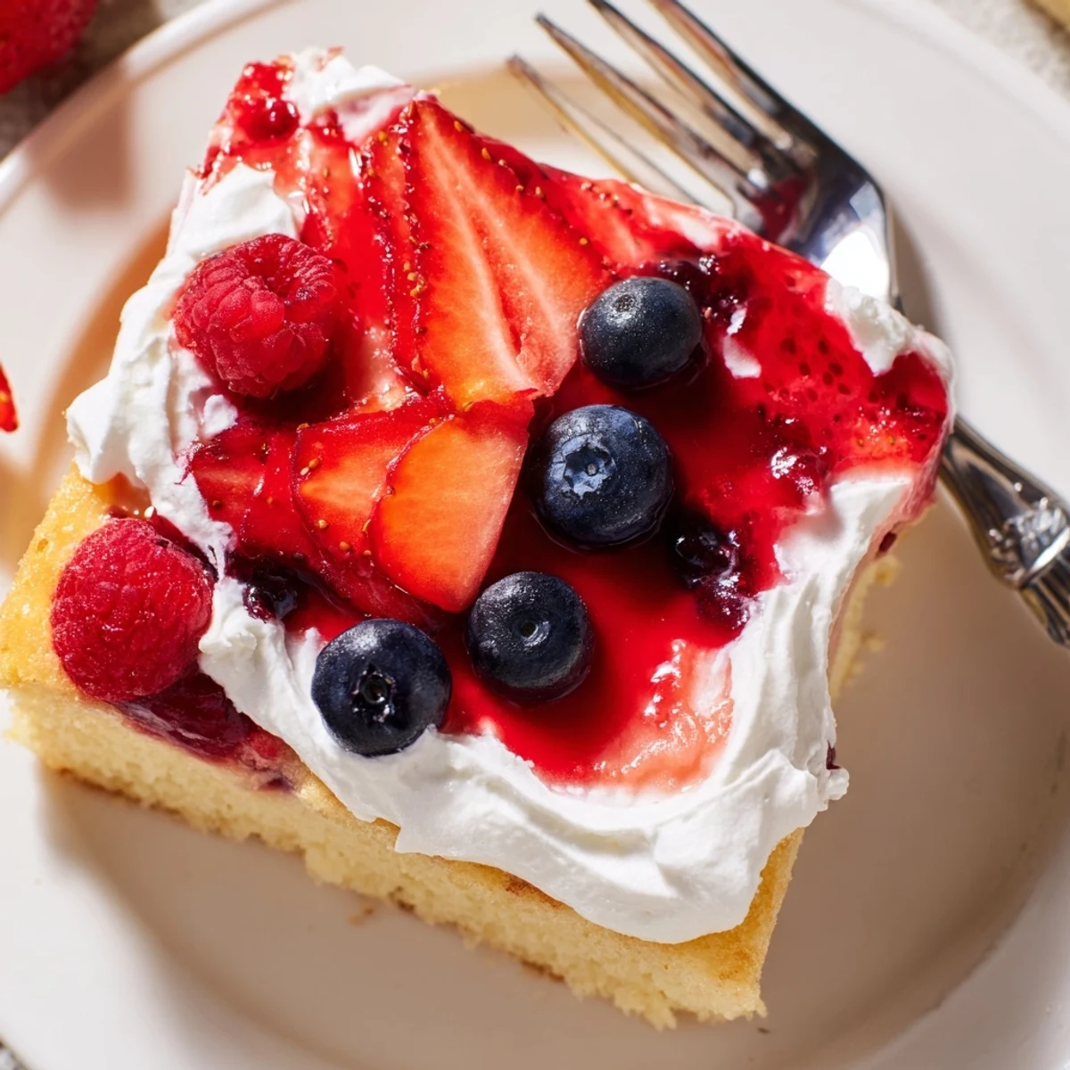 Summer Berry Poke Cake topped with whipped cream and glistening mixed berries