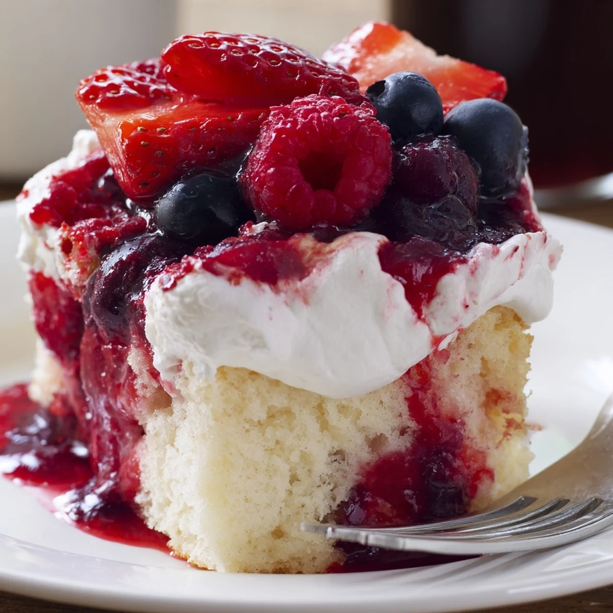 A festive Summer Berry Poke Cake on a plate, bright berries bursting