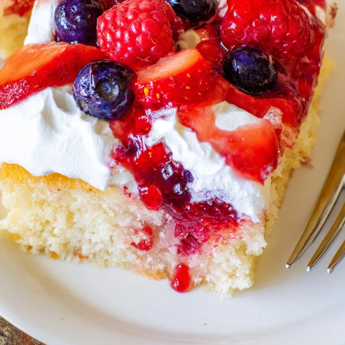 Sliced Summer Berry Poke Cake chilled, berry syrup soaking into tender vanilla crumbs