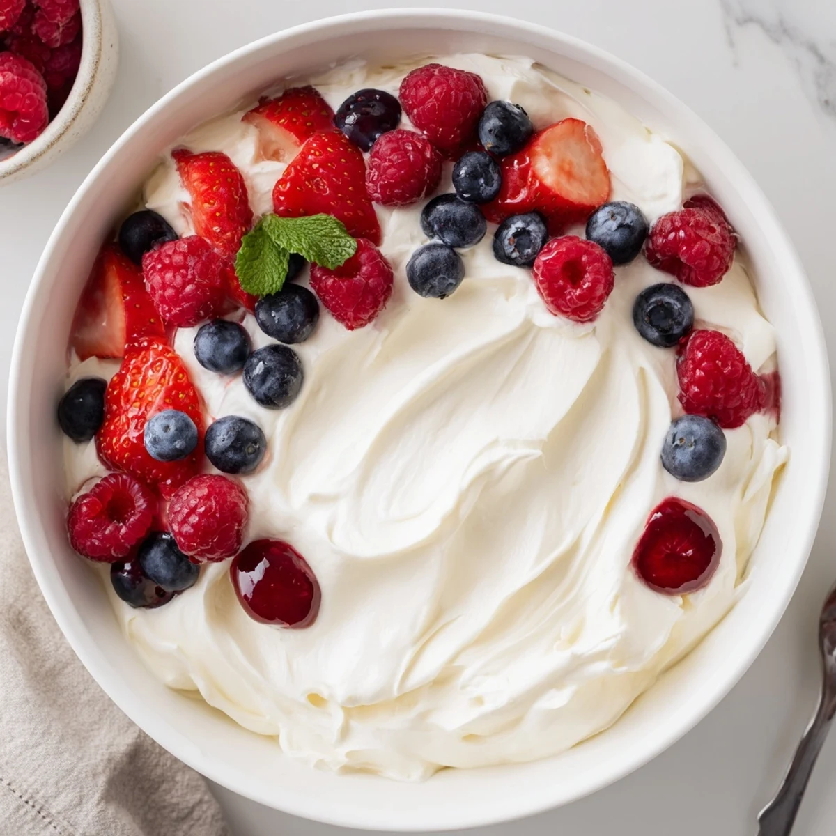 Red White Blue Cheesecake Salad: creamy berry layers, strawberries and blueberries glistening