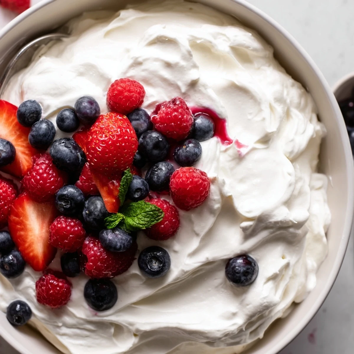 Velvety Red White Blue Cheesecake Salad spoonful reveals airy cream and tart berries