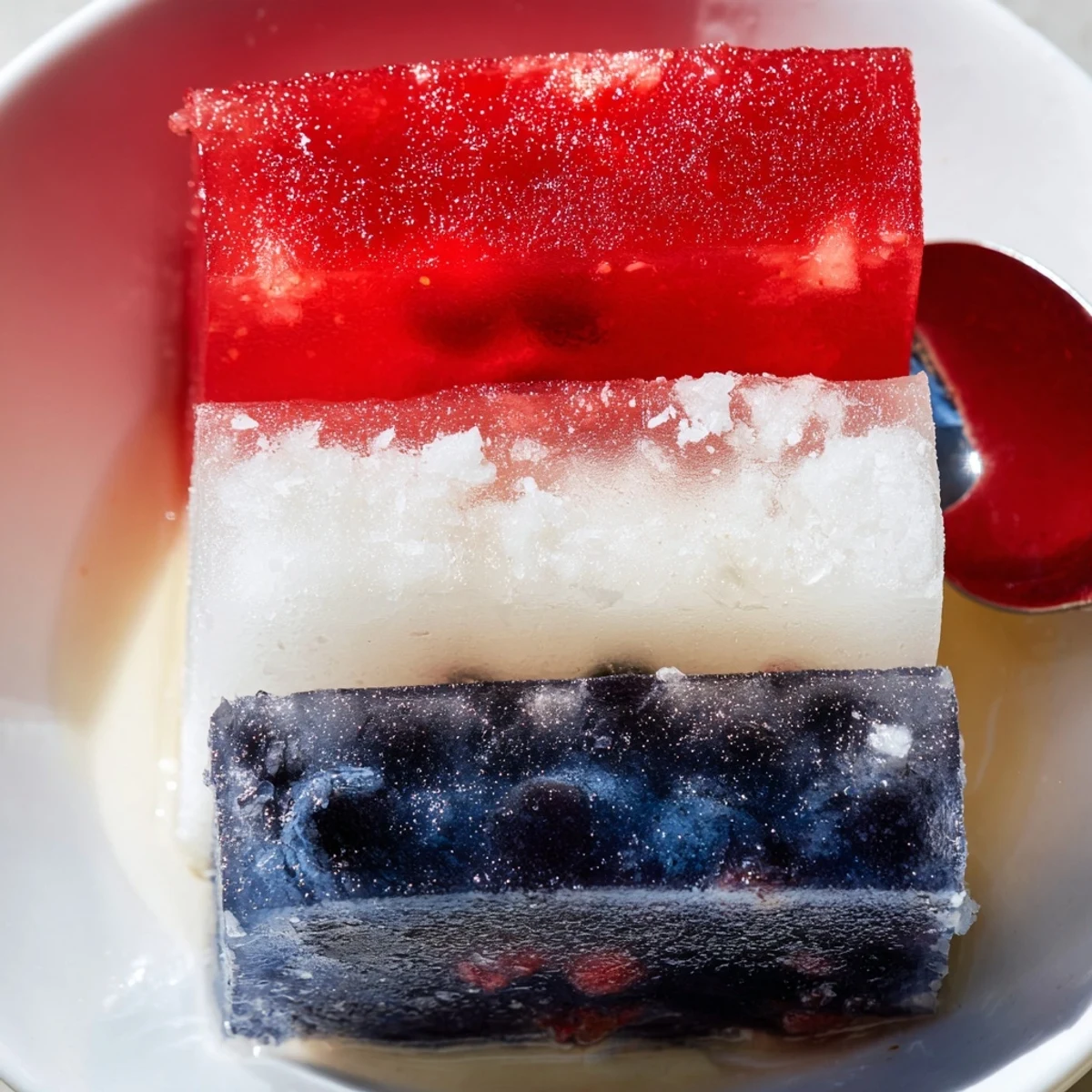 Red White And Blue Ice Cubes Recipe: colorful fruit layers chilling in tray