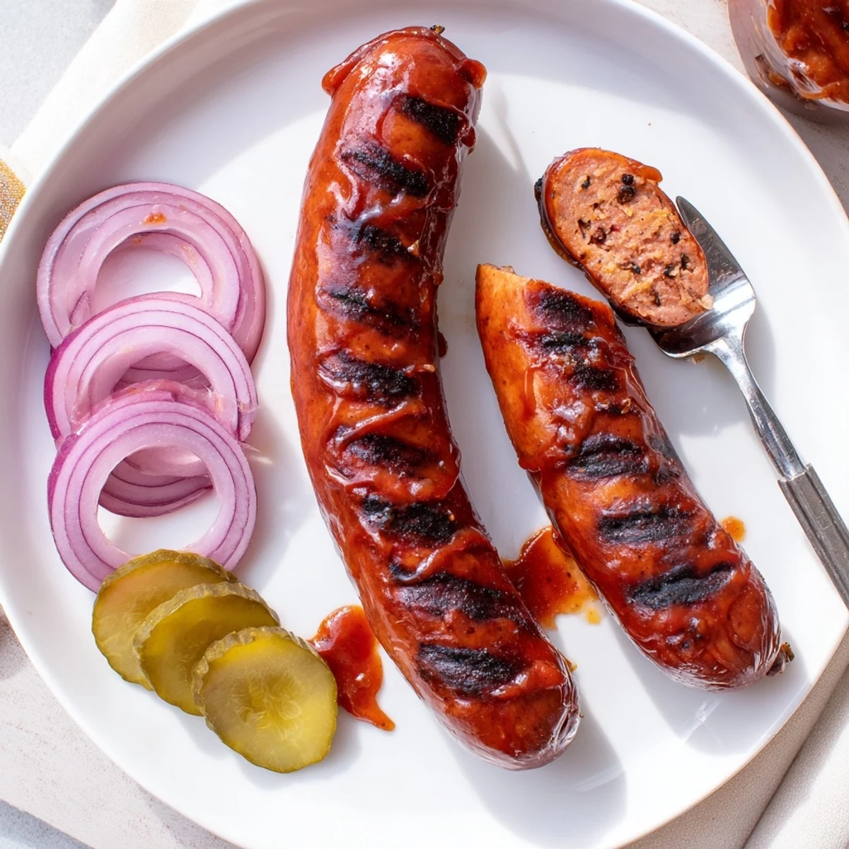 BBQ Sausage Recipe: grilled, caramelized links glistening with tangy barbecue glaze