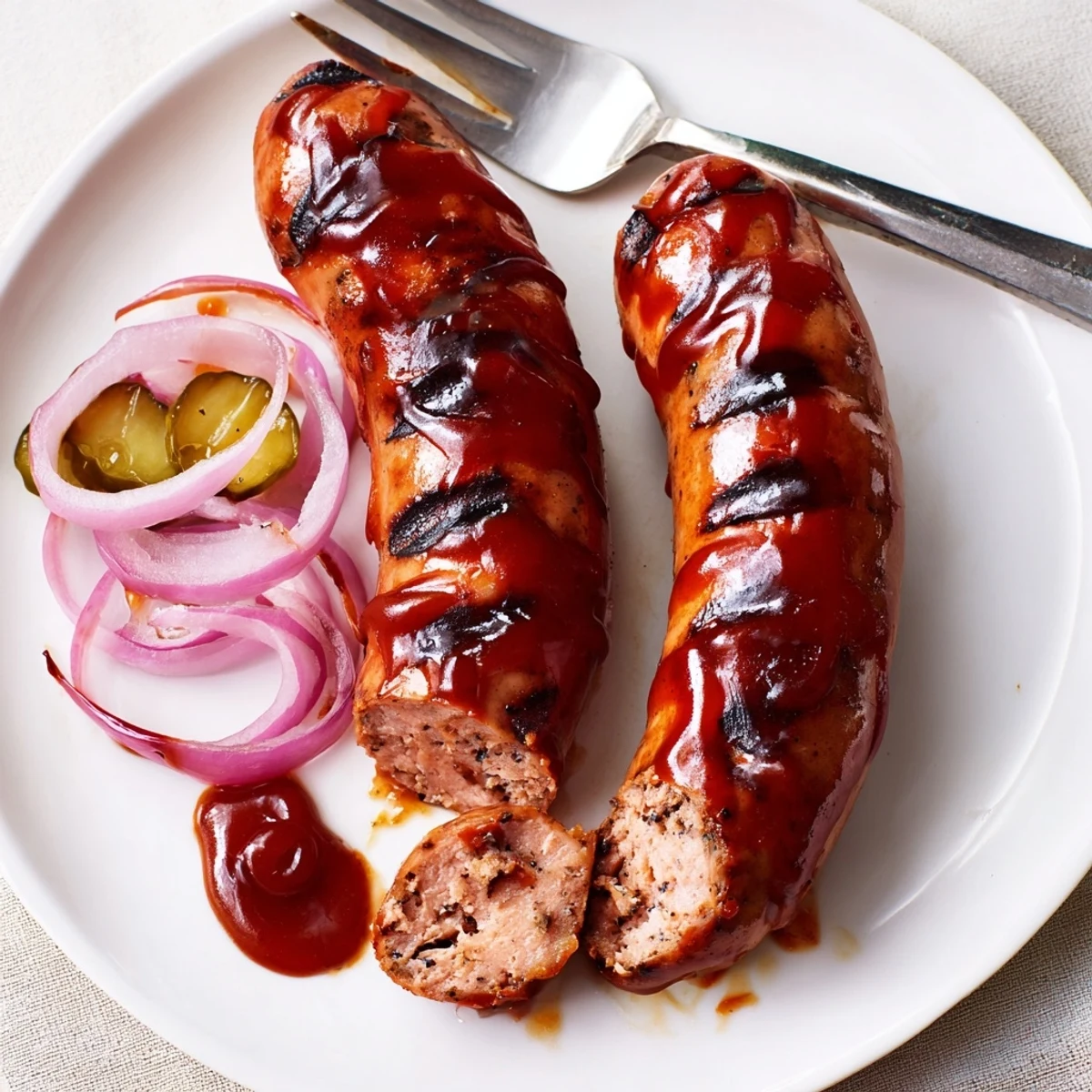 Family style BBQ Sausage Recipe sizzling on the grill, brushed golden brown