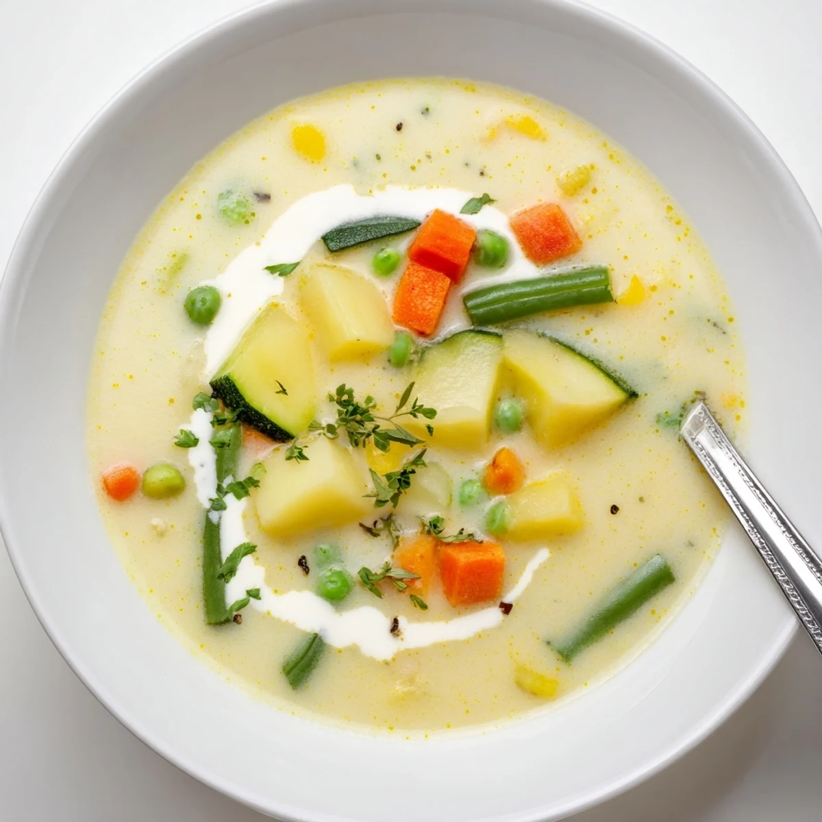 Creamy Vegetable Soup Recipe steaming in bowl, silky spoonful, warm herb aroma.