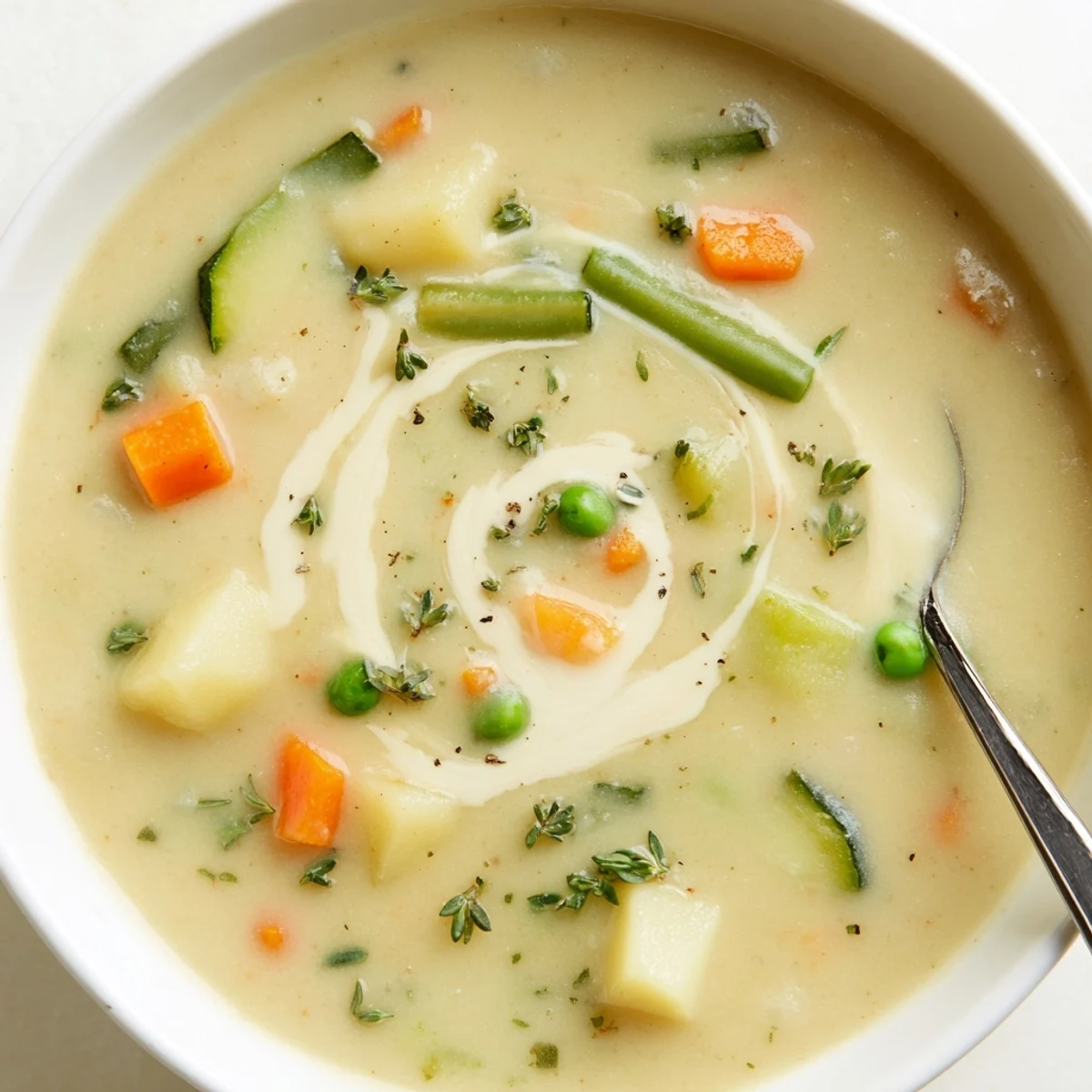 Warm, hearty bowl topped with parsley, classic Creamy Vegetable Soup Recipe.