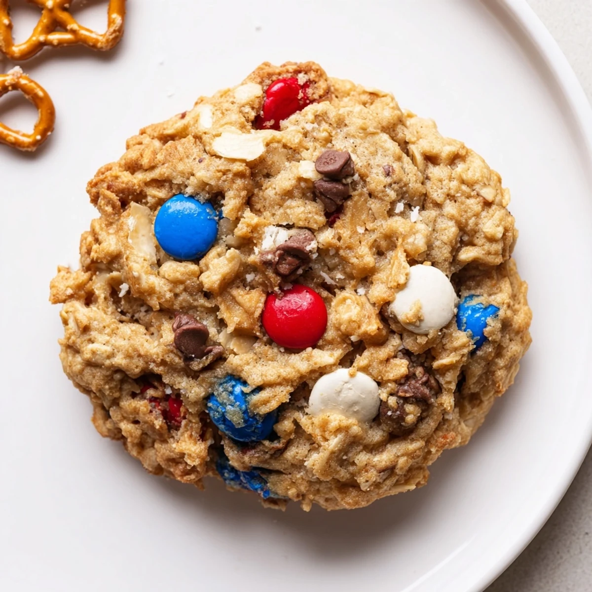 Patriotic Monster Cookies Recipe cooling on a rack, chewy oats, peanut butter.