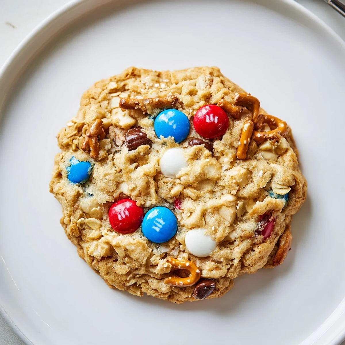 Stacked Patriotic Monster Cookies Recipe served for Fourth of July picnic, crunchy pretzels.
