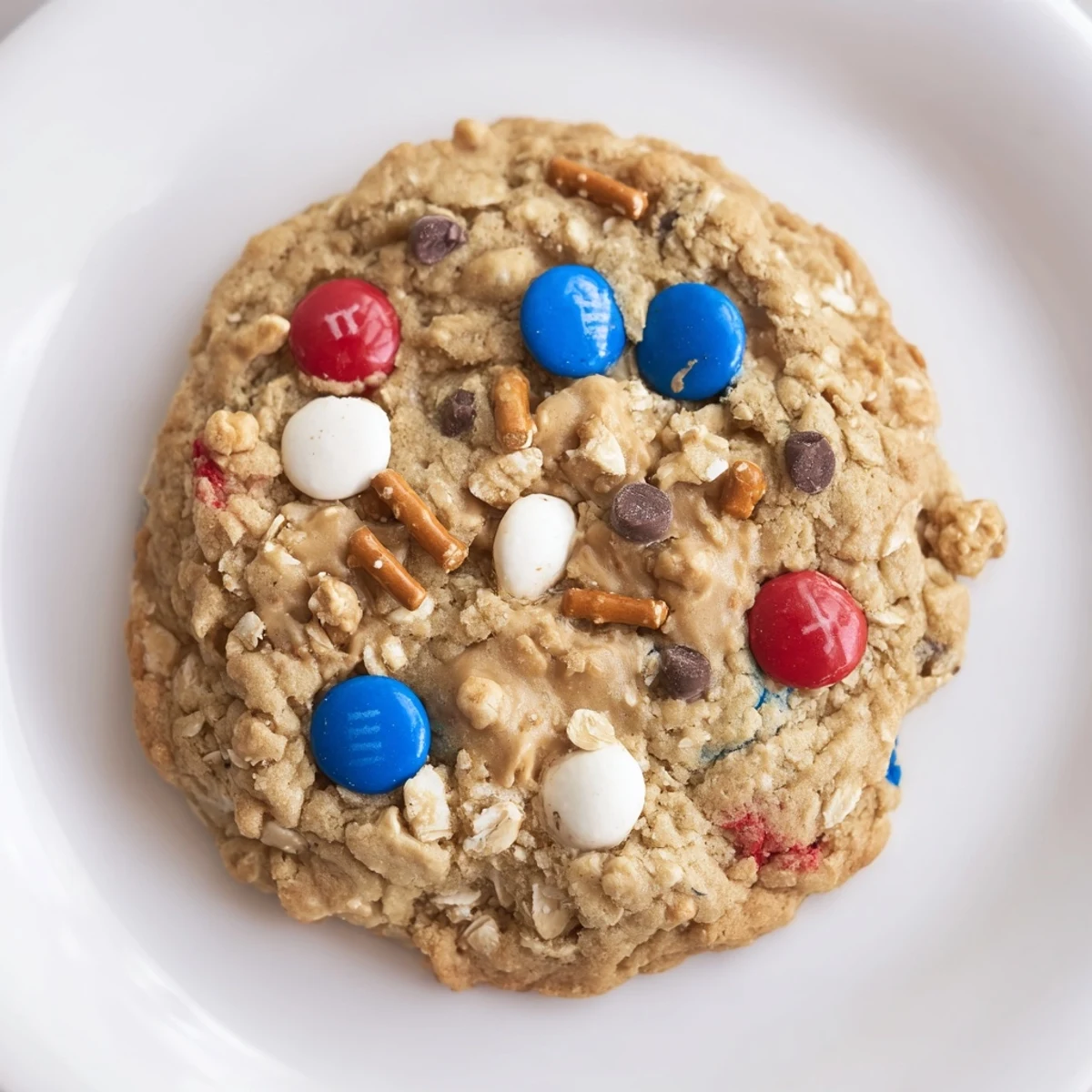Warm Patriotic Monster Cookies Recipe fresh from oven, melty chocolate chips, colorful candies.