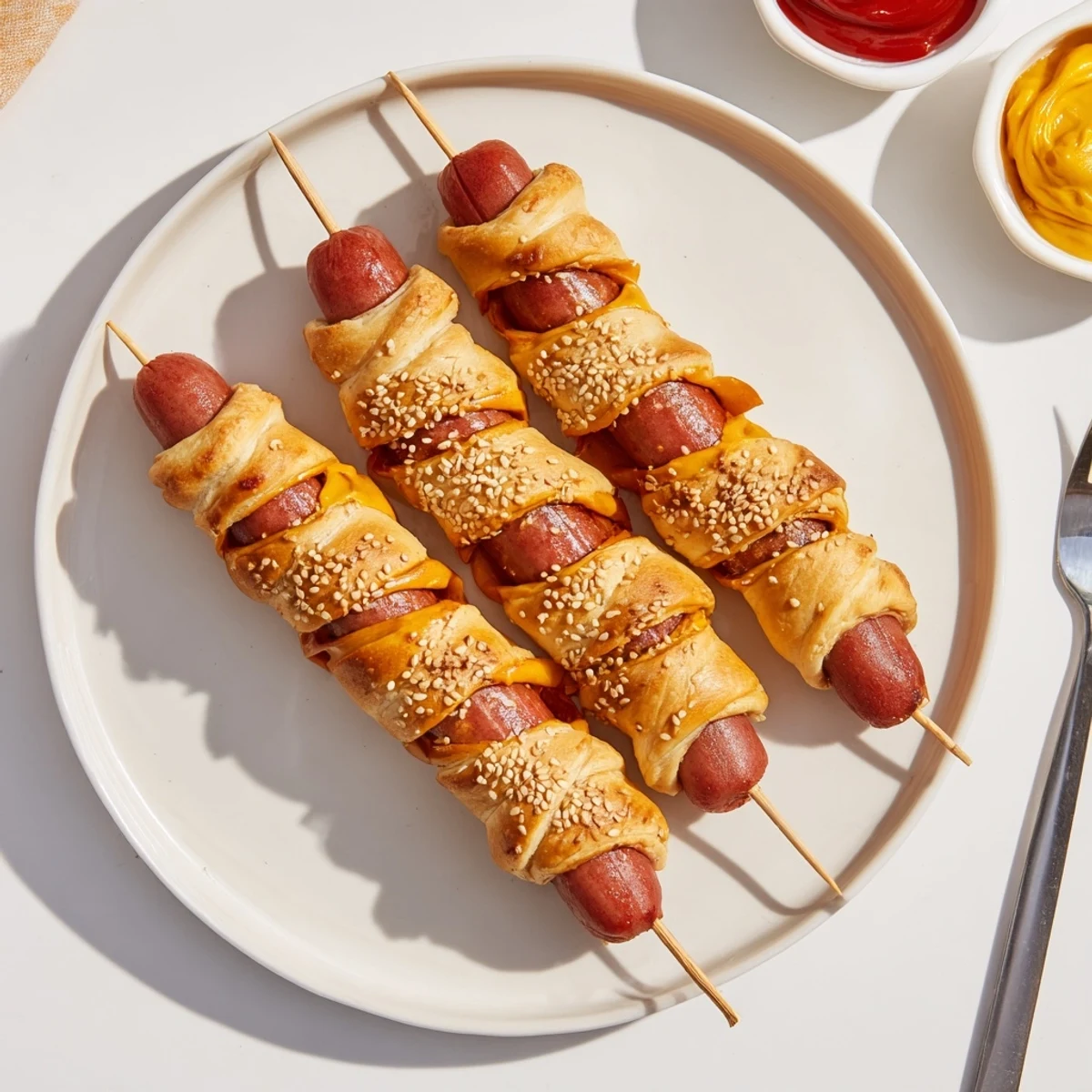 Golden baked Firecracker Hot Dogs on parchment, buttery spiral crust and skewers