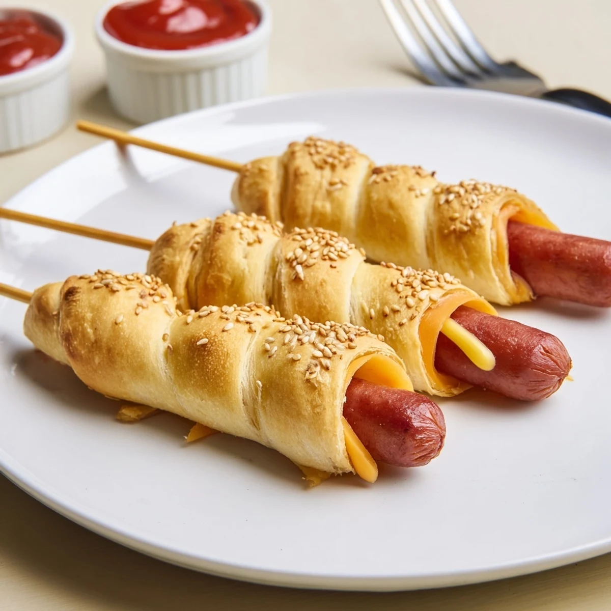 Kid friendly Firecracker Hot Dogs served warm with ketchup, mustard and potato salad